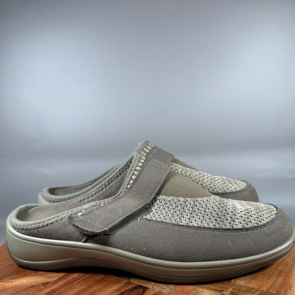 OrthoFeet 732 Womens 11 B Taupe Mesh Suede Adjustable Strap Comfort Mules Clogs